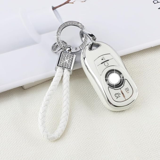 PIFOOG White Key Fob Cover for Buick 6 Buttons Car Keys Shell Case Protector Soft TPU Bling Keychain for Buick Enclave Encore LaCrosse Regal Envision Accessories Girly Women
