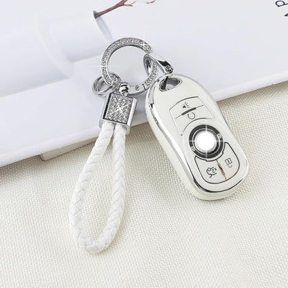 PIFOOG White Key Fob Cover for Buick 6 Buttons Car Keys Shell Case Protector Soft TPU Bling Keychain for Buick Enclave Encore LaCrosse Regal Envision Accessories Girly Women
