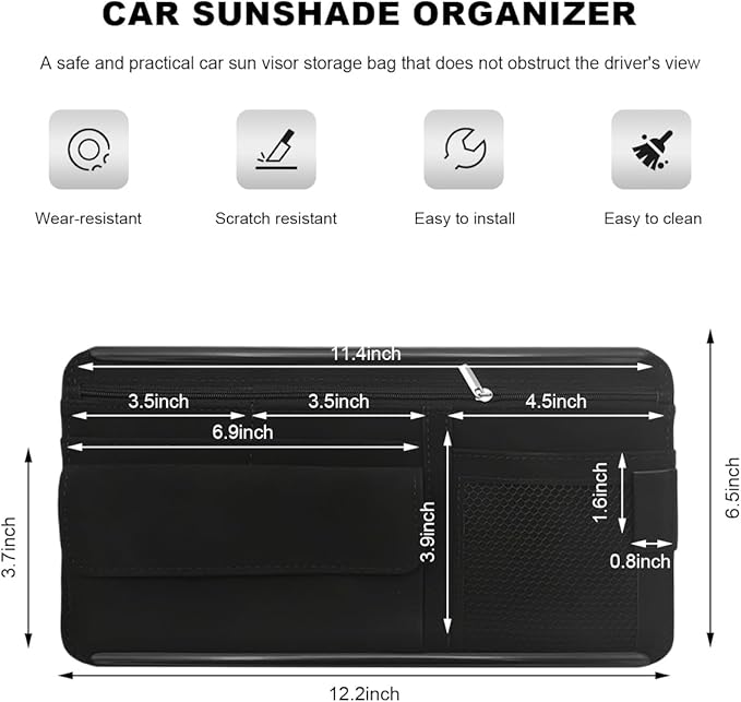 Sun Walker Car Sun Visor Organizer, Suede Leather Visor Storage Pouch Holder with Net Zipper, Multi-Pocket Vehicle Sunshade Organizer for Eyeglasses Card License Registration (Black)
