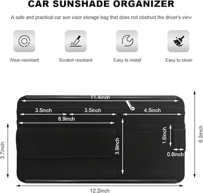 Sun Walker Car Sun Visor Organizer, Suede Leather Visor Storage Pouch Holder with Net Zipper, Multi-Pocket Vehicle Sunshade Organizer for Eyeglasses Card License Registration (Black)