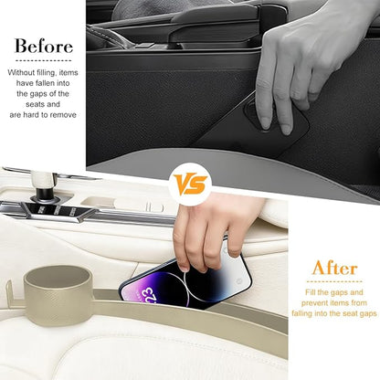 2PCS Car Seat Gap Filler, Dual Slot Carbon Fiber Vehicle Side Seat Gap Organizer Strip with Cup Holder, Auto Console Guard Spacer Stop Things from Dropping, Universal Fit (Beige)