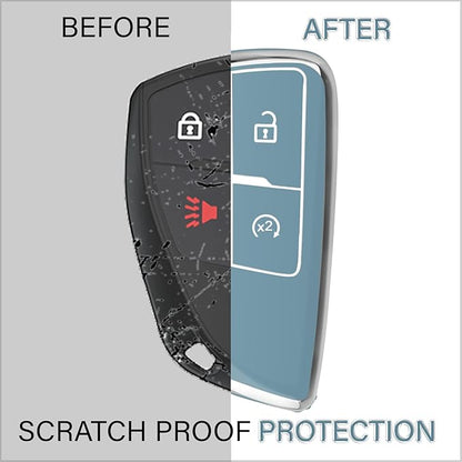 QBUC for Chevy Key Fob Cover with Keychain Soft TPU Protection Case Compatible with 2021-2026 Chevy Colorado Equinox Silverado GMC Canyon Sierra Terrain 4-Buttons(Chrome Trim Blue)