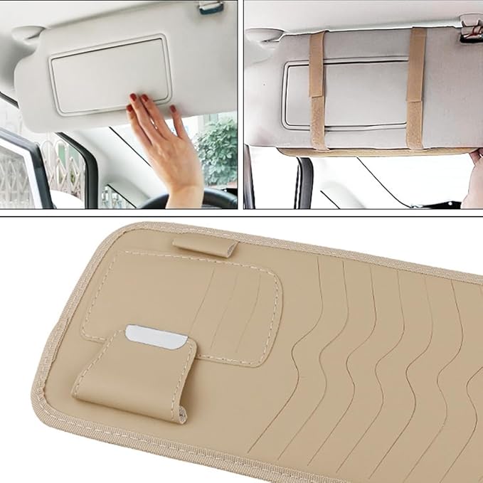 Car Sun Visor Pocket Organizer, Car CD or DVD Holder Storage Case, Multi-Pocket Visor Organizer Storage Pouch, Glasses Clip Storage Bag, Auto Interior Accessories Pocket Organizer (Beige)