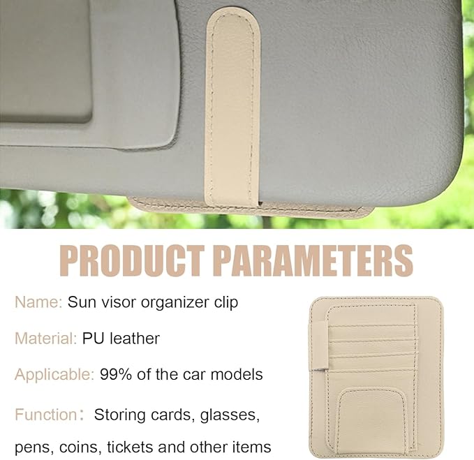 Augeny 2 PCS Car Sun Visor Organizer, Small Auto Visor Organizer and Storage, Registration and Document Holder for Sunglasses, Card, Pen, Driver License, Car Accessories (Beige)