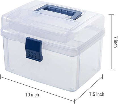 MyGift 10 Inch First Aid Clear Bin with Detachable Tray and Blue Quick Access Top Lid Flap, Portable Emergency Kit, Medical Supply Travel Tote, Medicine Storage Box Container (Navy)