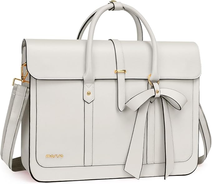 MOSISO Laptop Bag for Women, 15-15.6 inch PU Leather Laptop Shoulder Bags Convertible Backpack, 16 inch Messenger Bags Casual Handbag Work Briefcase Travel Computer Bag with Bowknot, Beige