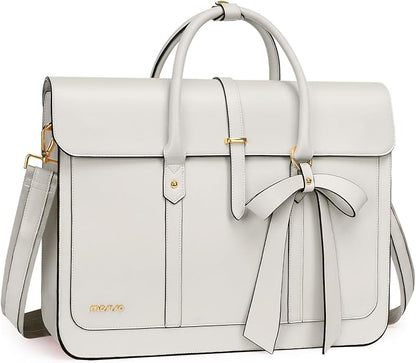 MOSISO Laptop Bag for Women, 13-14 inch PU Leather Laptop Shoulder Bags Convertible Backpack, 13.3 inch Messenger Bags Casual Handbag Work Briefcase Travel Computer Bag with Bowknot, Beige