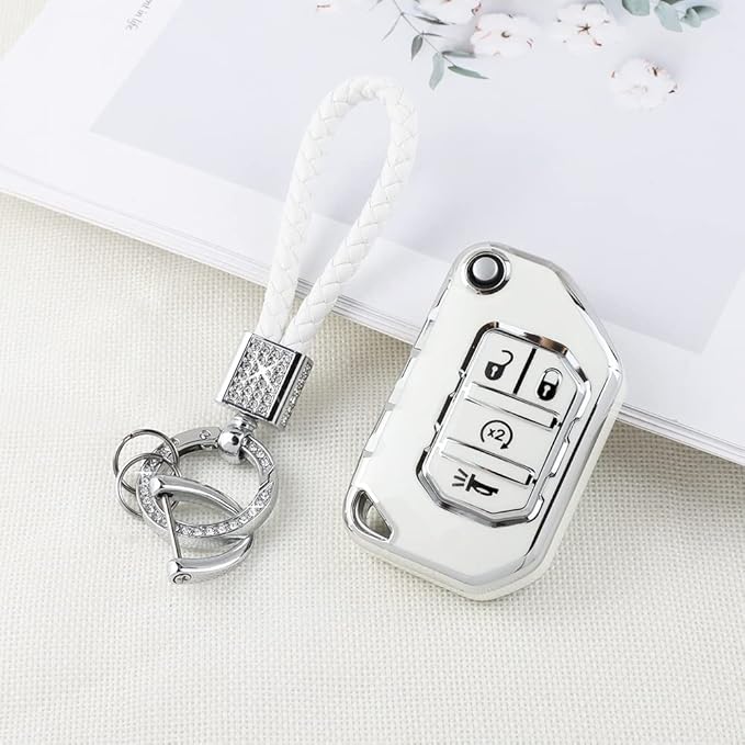 PIFOOG TPU Key Fob Cover for Jeep Wrangler JL JLU Gladiator JT 2018-2022 Accessories Cute 4 Button Car Keys Shell Case Glitter Keychain Girly Women (Not Fit Wrangler JK)