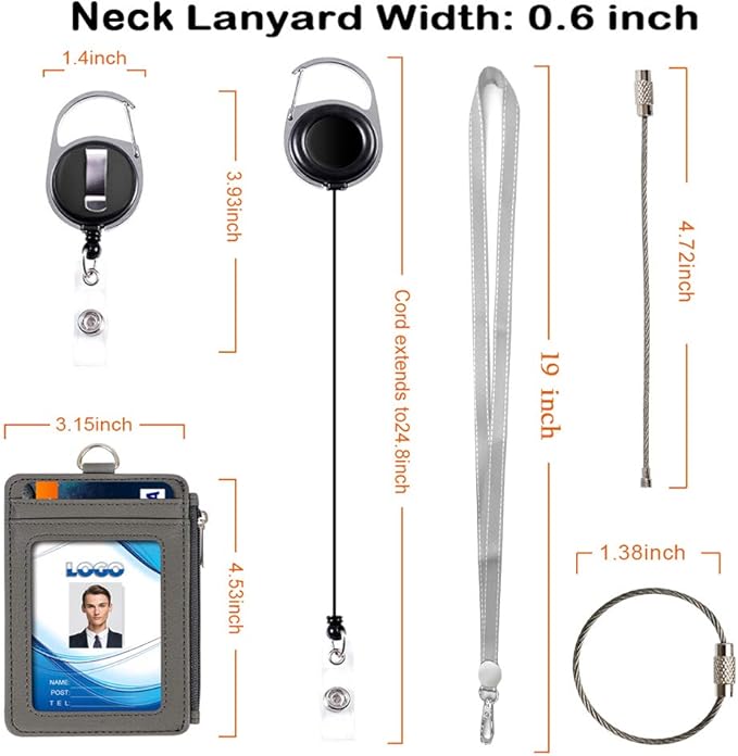 Badge Holder with Zipper, Life-Mate PU Leather ID Badge Card Holder Wallet Case with 5 Card Slots Zipper Pocket 19" Polyester Neck Lanyard Heavy Duty Metal Retractable Badge Reel (Gray)