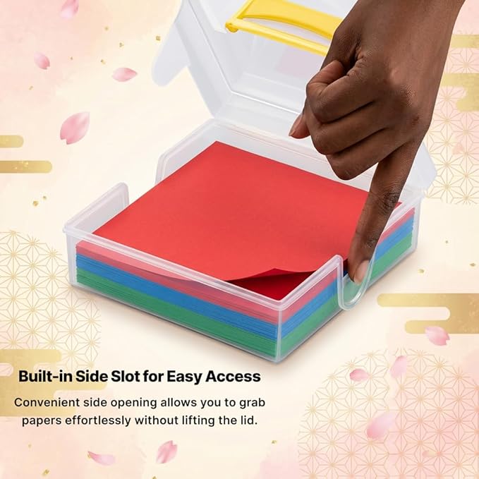 Japanese Origami Paper Storage Box - Made in Japan - Holds 400 Sheets of 6x6 Inch (15cm) Paper - Clear Plastic Craft Organizer with Easy Access Side Slots - Multi-Purpose Container