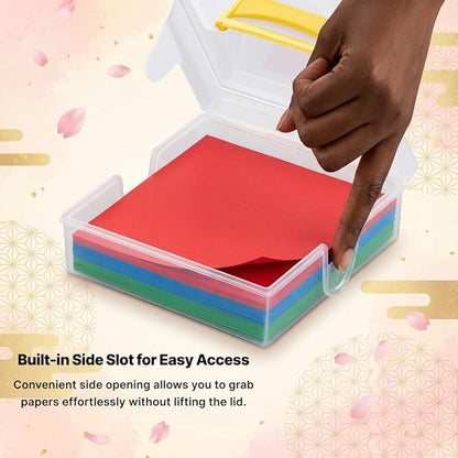 Japanese Origami Paper Storage Box - Made in Japan - Holds 400 Sheets of 6x6 Inch (15cm) Paper - Clear Plastic Craft Organizer with Easy Access Side Slots - Multi-Purpose Container