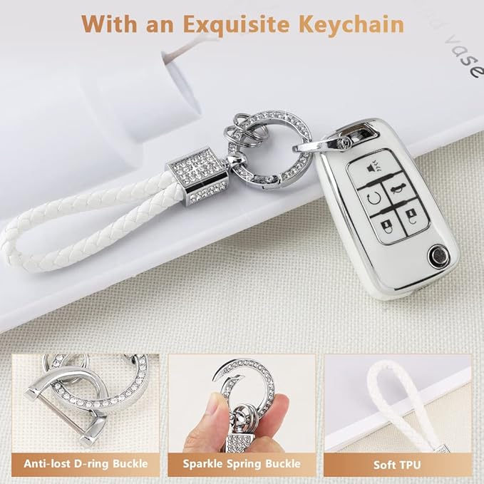 PIFOOG Key Fob Cover for Chevy 5 Button Keys Case Shell Protector TPU Soft Bling Car Keychain Accessories Fit for Equinox Cruze Malibu Camaro Sonic Trax Cute Girly Women White Silver