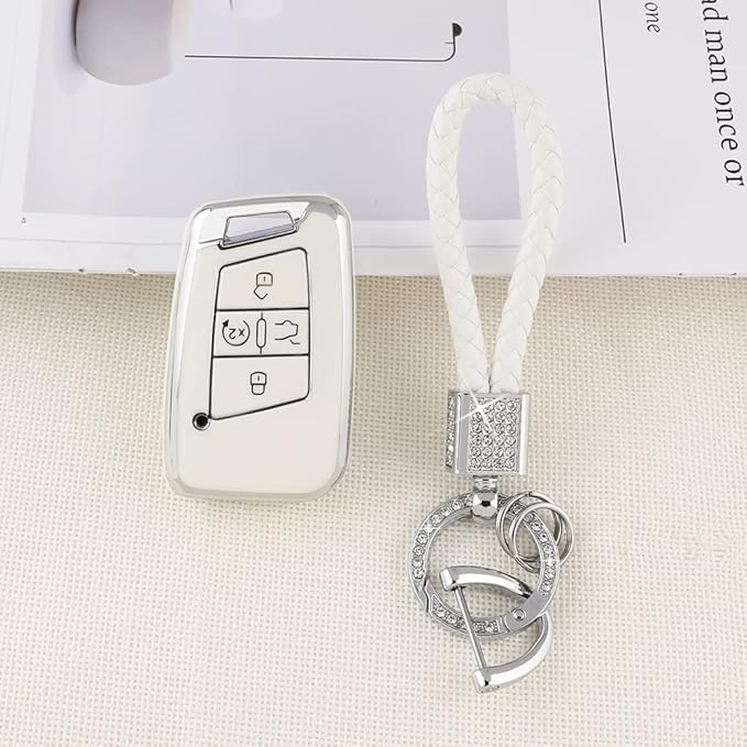 PIFOOG Key Fob Cover for VW Soft TPU 4 Button Keys Case Shell Protector Glitter Keychain Car Accessories for Volkswagen Jetta Tiguan Atlas Arteon Taos Girly Cute White Gold