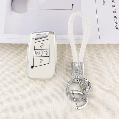 PIFOOG Key Fob Cover for VW Soft TPU 4 Button Keys Case Shell Protector Glitter Keychain Car Accessories for Volkswagen Jetta Tiguan Atlas Arteon Taos Girly Cute White Gold