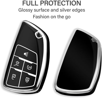 QBUC for Chevy Key Fob Cover with Keychain Soft TPU Protection Case Compatible with 2021-2026 Chevy Equinox Blazer Tahoe Suburban GMC Yukon Denali Silverado 5-Buttons(Chrome Trim Black)