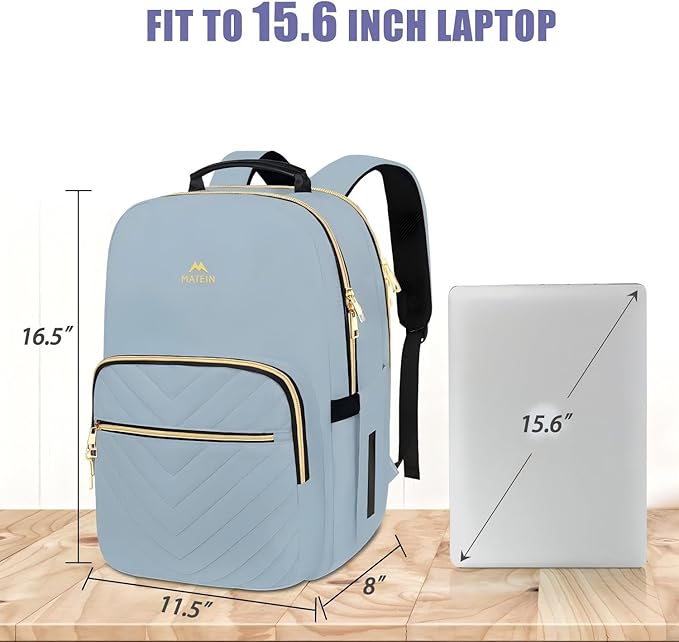 MATEIN 15.6 Laptop Backpack, Quilted Cute Slim Backpacks for Women with Luggage Strap & Leather Handle, Lightweight Fashion Travel Computer Bag Padded Sturdy Casual Daypack for Office, Business, Blue