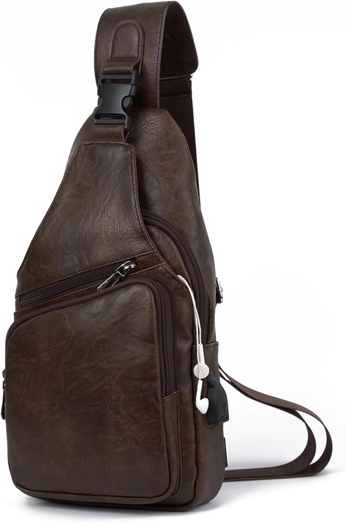Seoky Rop Men's Vintage Leather Sling Bag Shoulder Crossbody Bag with USB Charge Port Casual Pack Dark Brown