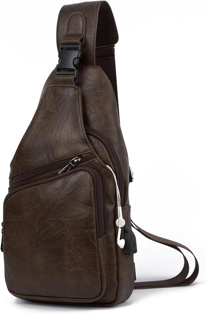 Seoky Rop Men's Vintage Leather Sling Bag Shoulder Crossbody Bag with USB Charge Port Casual Pack Dark Brown
