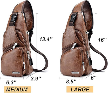 Peicees Leather Sling Bag Mens Crossbody Bag Chest Bag Sling Backpack for Men with USB Charge Port