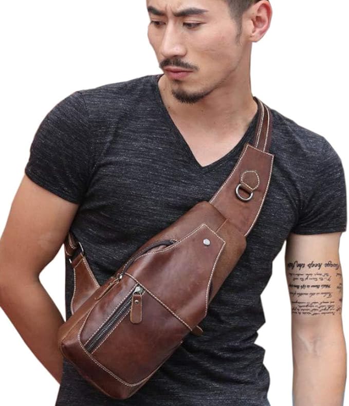 Hebetag Leather Sling Bag Backpack for Men Women Travel Outdoor Sports Camping Casual Crossbody Shoulder Chest Day Pack Backpacks Brown