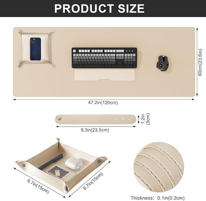 DAWNTREES Dual Sided Desk Mat,Khaki Leather Desk Pad,47.2''x23.6'',Cork Desk Mat Protector,120x60cm Extra Large Mouse Pad,with PU Leather Valet Tray Organizer,Desk Writing Pad for Office and Home