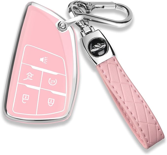 QBUC for Chevy Key Fob Cover with Keychain Soft TPU Protection Case Compatible with 2021-2026 Equinox Blazer Chevy Tahoe Suburban GMC Yukon Denali Silverado 5-Buttons(Chrome Trim Pink)