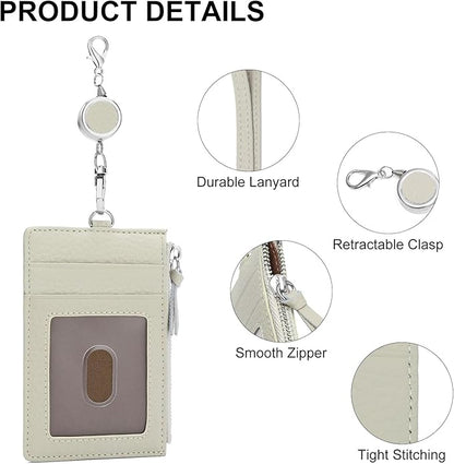 SENDEFN Retractable Badge Holder Wallet, Genuine Leather ID Card Holder with Removable Neck Lanyard Clasp, Five Card Slots, for Office Staff Women