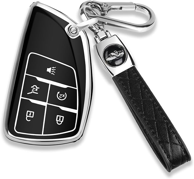 QBUC for Chevy Key Fob Cover with Keychain Soft TPU Protection Case Compatible with 2021-2026 Chevy Equinox Blazer Tahoe Suburban GMC Yukon Denali Silverado 5-Buttons(Chrome Trim Black)