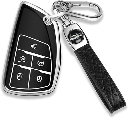 QBUC for Chevy Key Fob Cover with Keychain Soft TPU Protection Case Compatible with 2021-2026 Chevy Equinox Blazer Tahoe Suburban GMC Yukon Denali Silverado 5-Buttons(Chrome Trim Black)