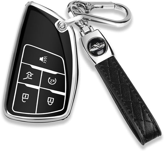 QBUC for Chevy Key Fob Cover with Keychain Soft TPU Protection Case Compatible with 2021-2026 Chevy Equinox Blazer Tahoe Suburban GMC Yukon Denali Silverado 5-Buttons(Chrome Trim Black)