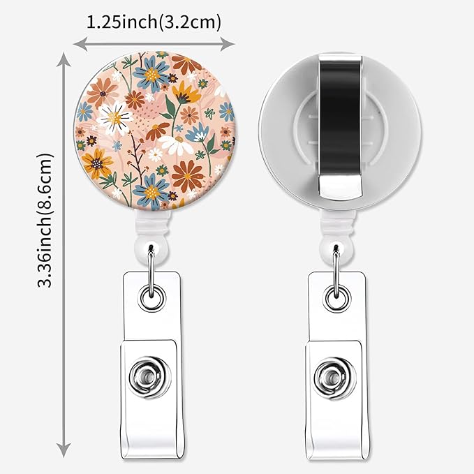 2 Pack Badge Reels Holder Retractable with ID Clip for Nurse Name Tag Card Nursing for Doctor Teacher Student Employee Office Medical Work (Hand Drawn Flower)