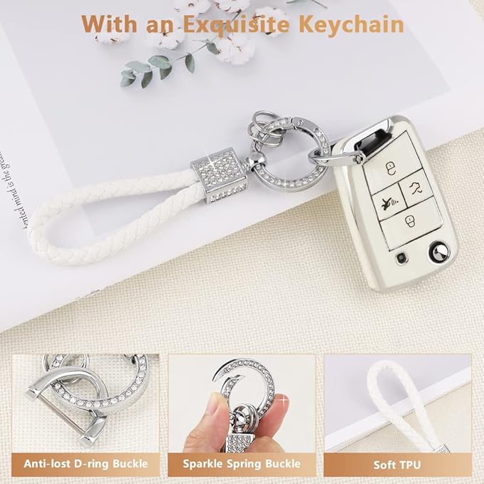 PIFOOG for Volkswagen VW Key Fob Cover Tiguan Golf GTI Altas Jetta Accessories 4 Button Soft TPU Car Keys Case Protector Bling Keychain Landyard Girly White Silver