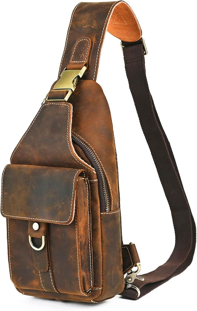 Genuine Leather Hiking Travel DayPack Sling Crossbody Triangle Chest Pack Bag For Men Women 8241 (Coffee 258204)