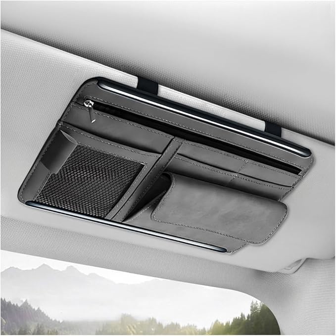 Car Sun Visor Organizer, Soft Leather Vehicle Sunshade Glasses Storage Bag with Net Zipper, Automotive Multi-Pocket Organizer for Drive License Card Glasses Document (Gray)