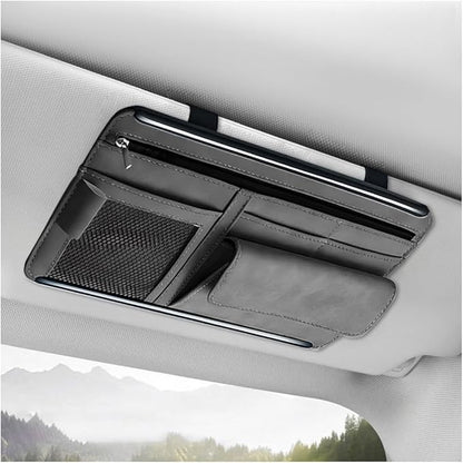 Car Sun Visor Organizer, Soft Leather Vehicle Sunshade Glasses Storage Bag with Net Zipper, Automotive Multi-Pocket Organizer for Drive License Card Glasses Document (Gray)