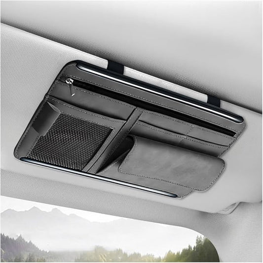 Car Sun Visor Organizer, Soft Leather Vehicle Sunshade Glasses Storage Bag with Net Zipper, Automotive Multi-Pocket Organizer for Drive License Card Glasses Document (Gray)