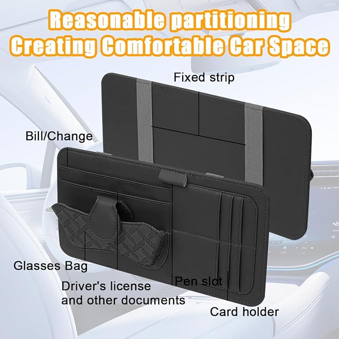 Car Sun Visor Organizer, Leather Multi Pocket Vehicle Visor Storage Pouch for Sunglasses Card License, Multifunctional Auto Interior Organization Accessories, Universal Fit (Black)