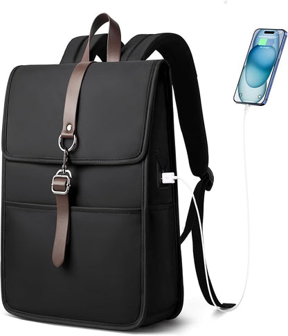 Slim Vintage Laptop Backpack for Men & Women, 15.6 Inch Business Work Backpack with USB Charging Port, Anti-Theft Flap Computer Bag for Commuter Travel – Black