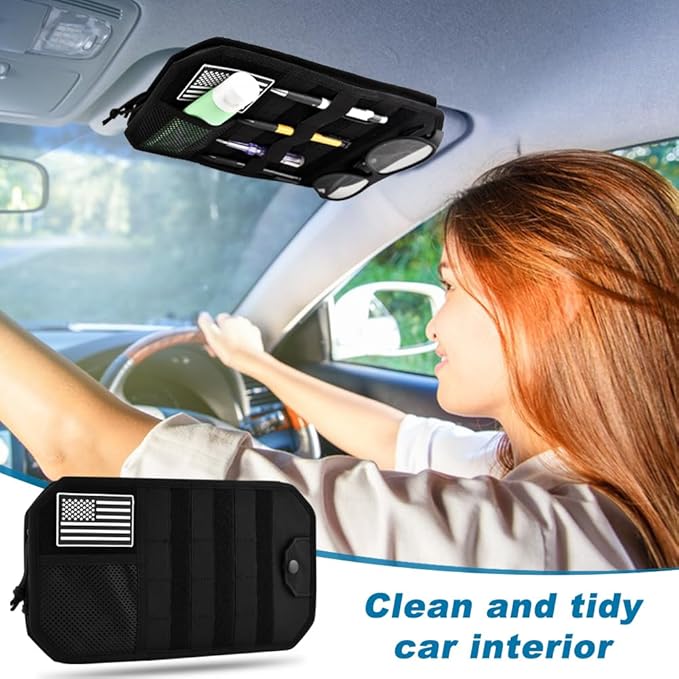 Car Sun Visor Organizer with Zipper Storage Pouch & Glasses Clip – Semi-Rigid MOLLE Panel with Patch – Universal Fit for Vehicles, SUVs, Trucks(Black)