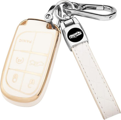 XIYANG TRADE for Jeep Key Fob Cover with Keychain, Soft TPU Key Case Shell Full Protection Suitable for Jeep Grand Cherokee Renegade Compass Durango Charger Dodge Challenger (White)