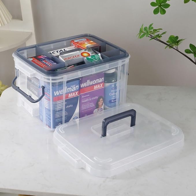 HEY FOLY 15qt Medicine Organizer Storage Box with Tray, Set of 2 Plastic First Aid Box Empty, Thickened Medicine Container Chest, Multipurpose Medical Case with Labels, Blue Medicine Caddy