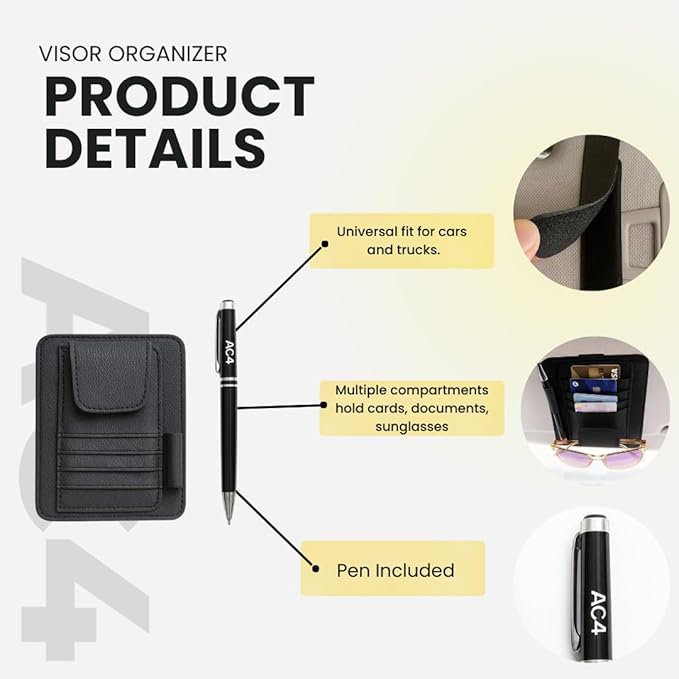AC4 Compact Sun Visor Organizer for Car – Slim Design with Built-In Pen Holder + FREE Pen, Card & Sunglasses Storage, Universal Fit for Cars, Trucks & SUVs