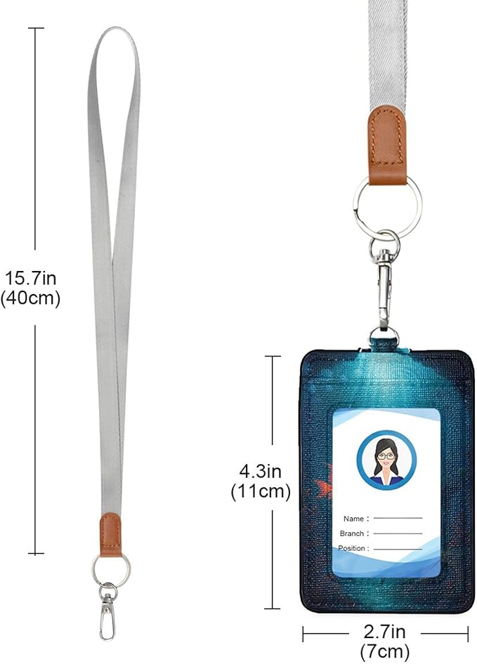 Badge Holder, Mermaid PU Leather School College Business ID Badge Card Holder Wallet Case with 1 Clear Window, 2 Credit Card Slots and Detachable Neck Lanyard - Vertical