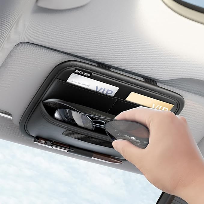 Car Sun Visor Organizer, Car Sunglasses Holder with Adjustable Elastic Strips, Sunvisor Storage with Card Sleeve, Leather Visor Accessories for Sunglasses Pen Drivers License Key