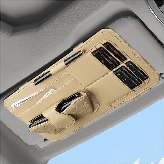 Car Sun Visor Organizer, Leather Multi Pocket Vehicle Visor Storage Pouch for Sunglasses Card License, Multifunctional Auto Interior Organization Accessories, Universal Fit (Beige)