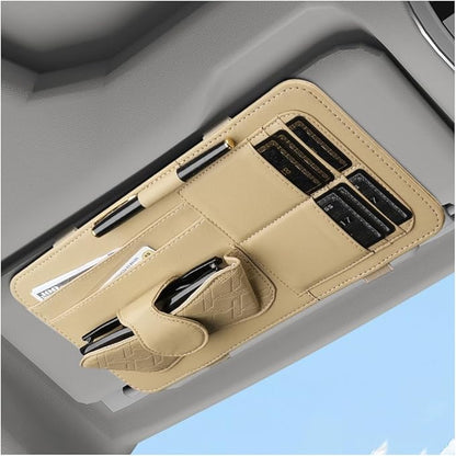 Car Sun Visor Organizer, Leather Multi Pocket Vehicle Visor Storage Pouch for Sunglasses Card License, Multifunctional Auto Interior Organization Accessories, Universal Fit (Beige)