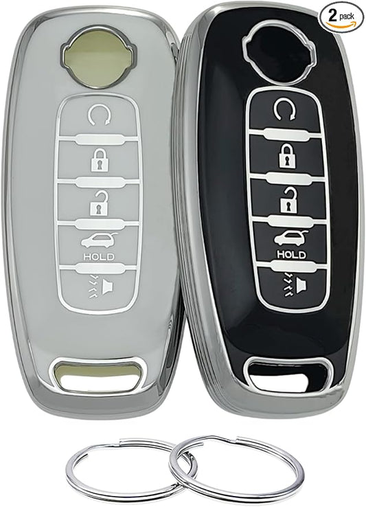 REPROTECTING TPU Key Fob Cover Compatible with Nissan Pathfinder Rogue Kicks (Silver-White/Silver-Black, 5 Buttons/TPU)