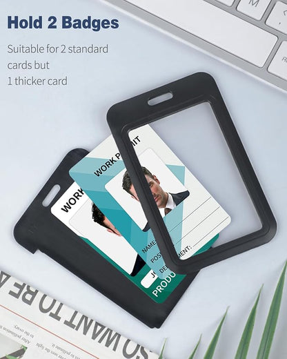Uniclife 3 Pack Sliding Badge Holder Hard Black Vertical Plastic Card Case Protector with Detachable Lanyard Strap for Office School ID Credit Proximity Key Card Driver’s License and Pass