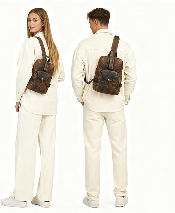 Thick Crazy horse Leather Triangle Crossbody Sling Chest Bag Travel One Shoulder Bag Daypack For Men Male 3028