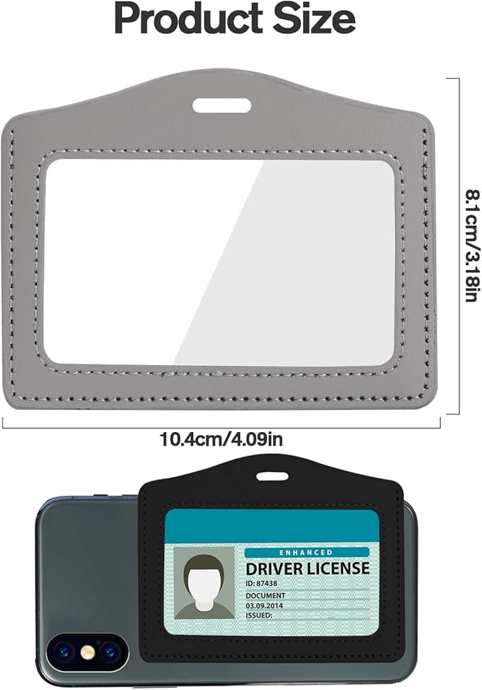 2 Pack Genuine Leather ID Badge Holders, Horizontal ID Card Holders with Dual-Side Clear Window, Waterproof Name Badge Holde Suit for Office, Staff, Students, Employees(Black&Gray)